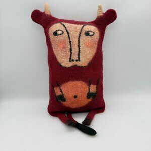 Tumar Kyrgyzstan Wool Felted Red Bull Sitting Folk Art Artisan Signed Fair Trade